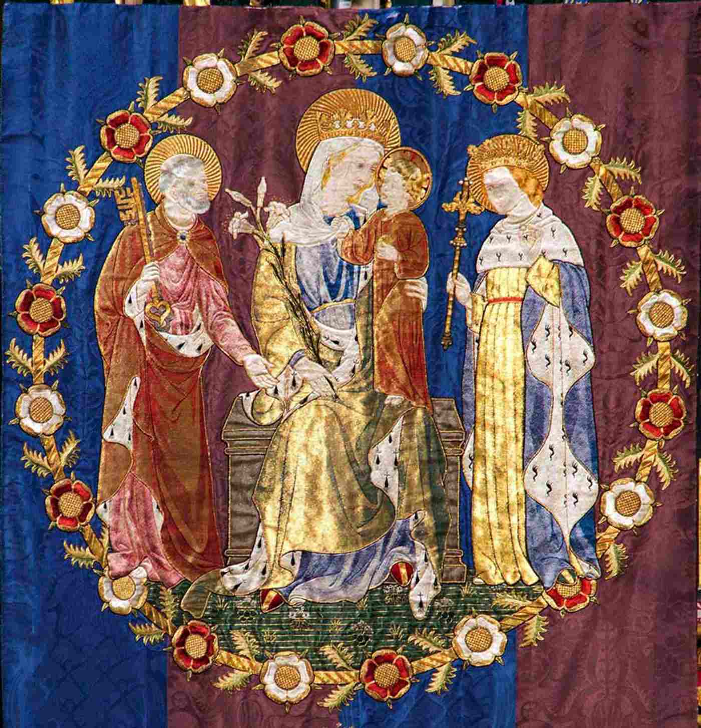 Banner of Our Lady: Virgin Mary, holding Christ Child, with St Peter and St Edward the Confessor