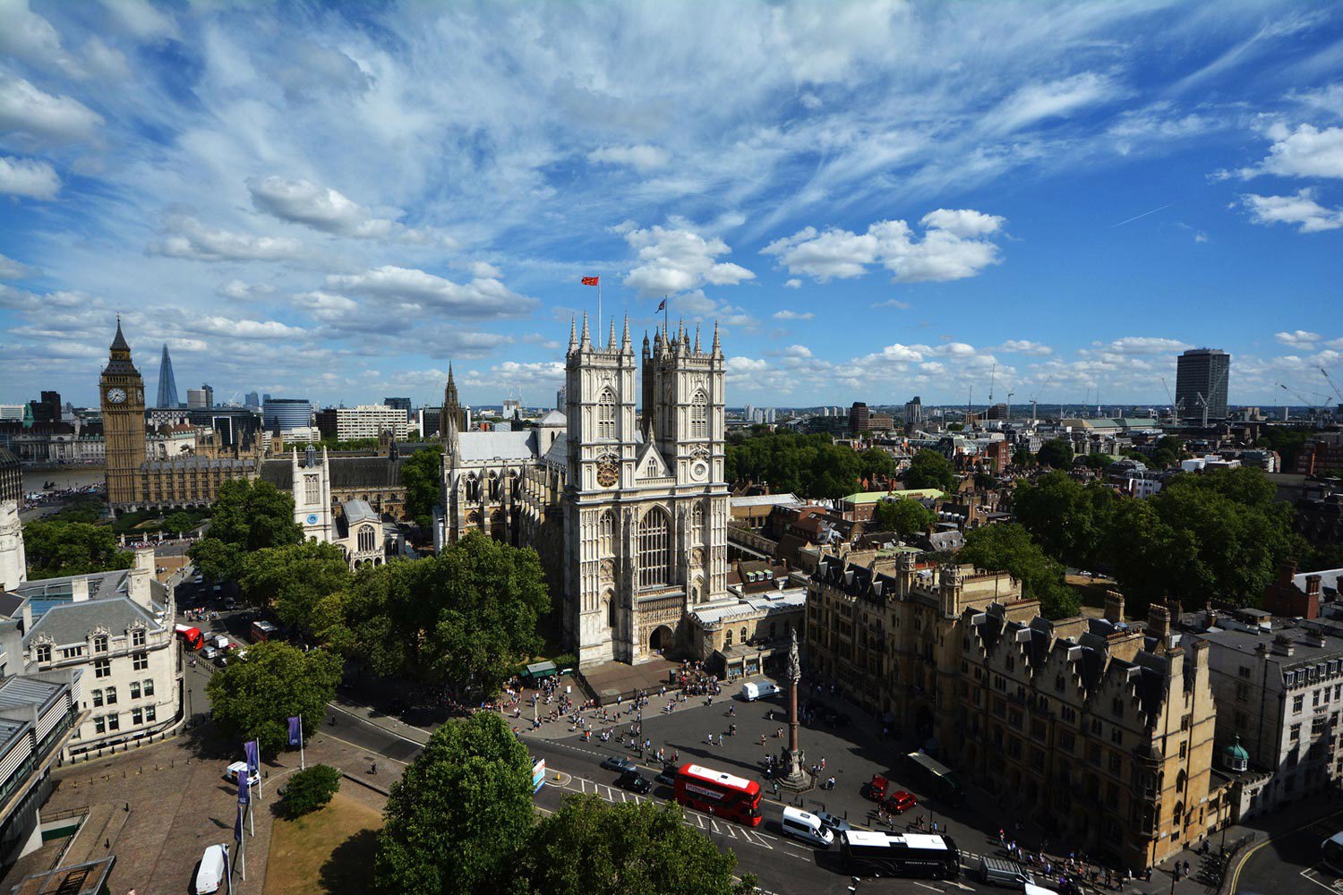 Westminster Abbey on a sunny day, with St Margaret's Church, Parliament and Big Ben behind