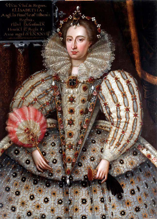 Painting of Elizabeth I in an elaborately-decorated white dress holding a black glove and feathered fan