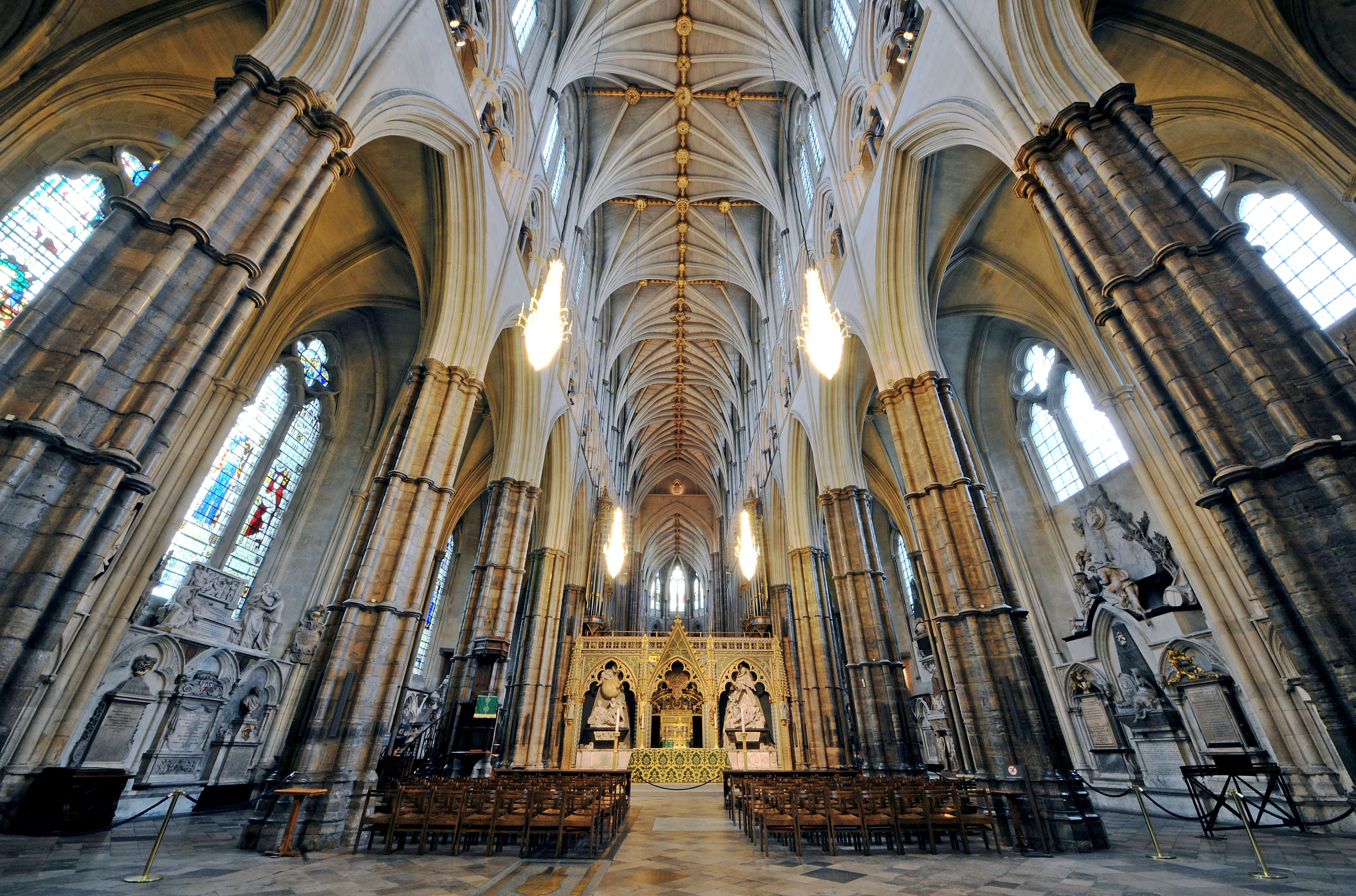 The nave of Westminster Abbey with chairs set out for a service