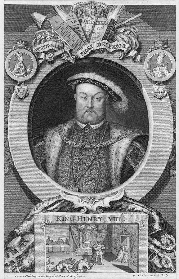 Black and white engraving of Henry VIII, showing scenes and symbols of his reign in various panels