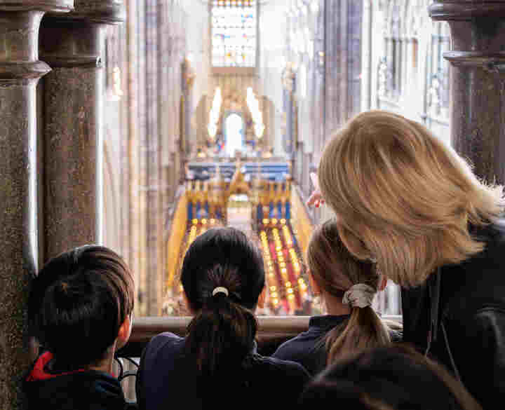Photograph of the back of school children and a teacher looking down at Westminster Abbey from the Queen's Diamond Jubilee Galleries