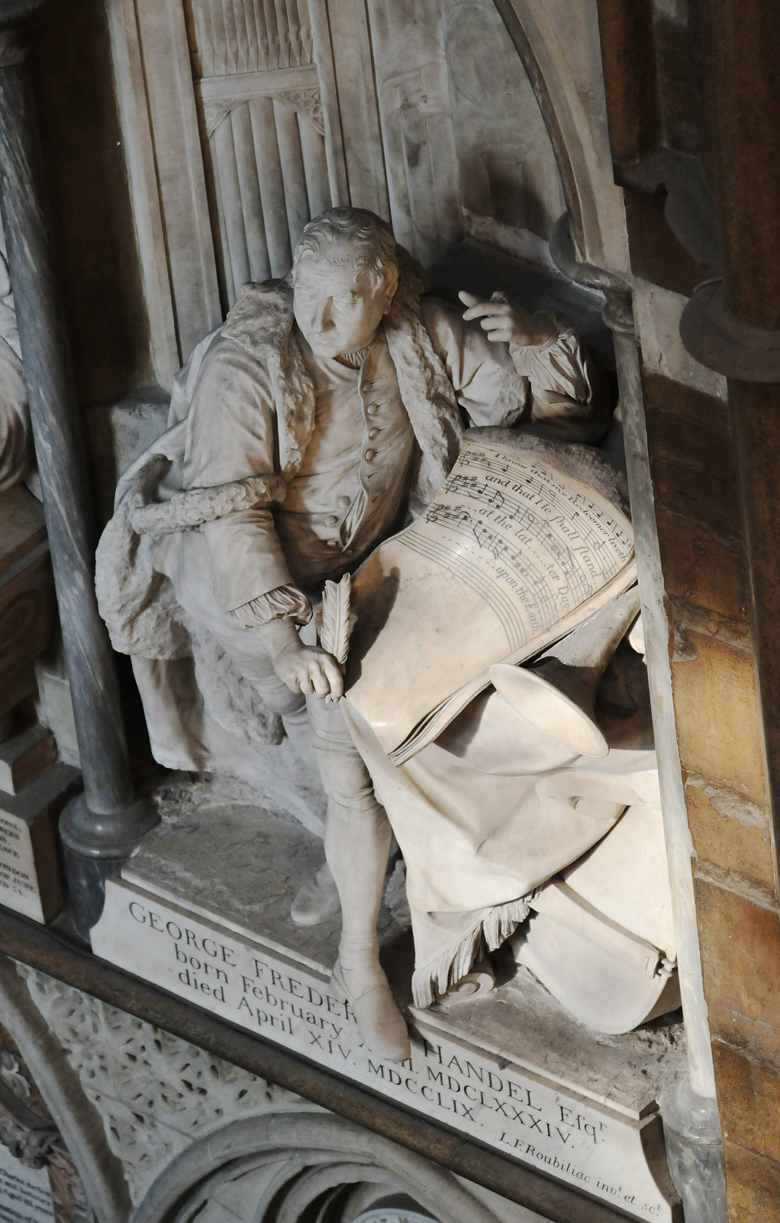 Handel memorial: A white marble statue of Handel showing Handel with an open musical score