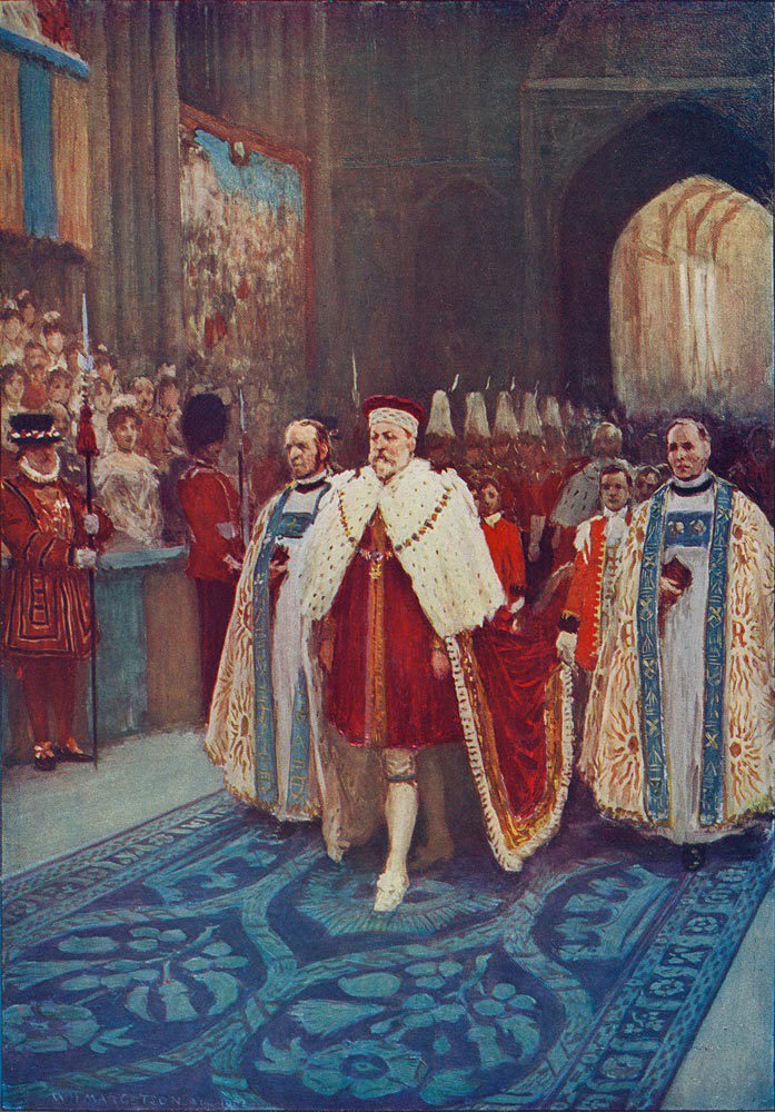 Depiction of Edward VII walking through Westminster Abbey in his coronation robes