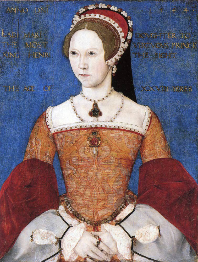 Portrait of Mary I wearing an orange, red and white dress