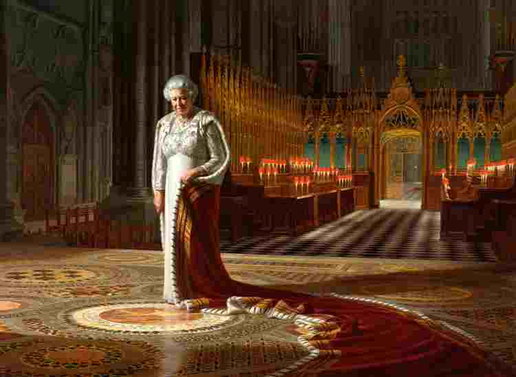 Painting of Elizabeth II standing in her coronation robes in Westminster Abbey by Ralph Heimans