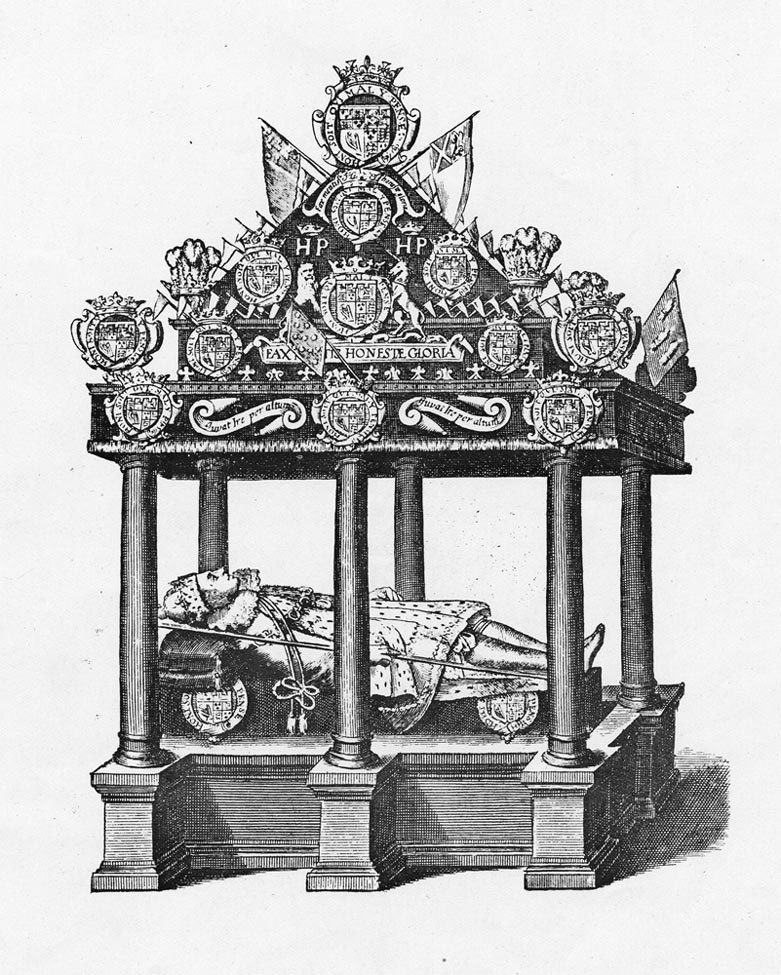 Drawing of elaborate hearse (canopy) constructed for Henry Frederick, Prince of Wales' funeral