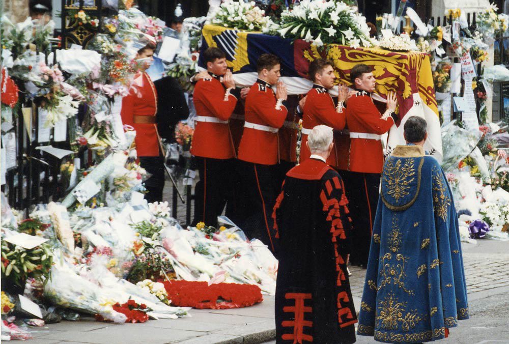 The coffin of Diana, Princess of Wales, is carried out of Westminster Abbey