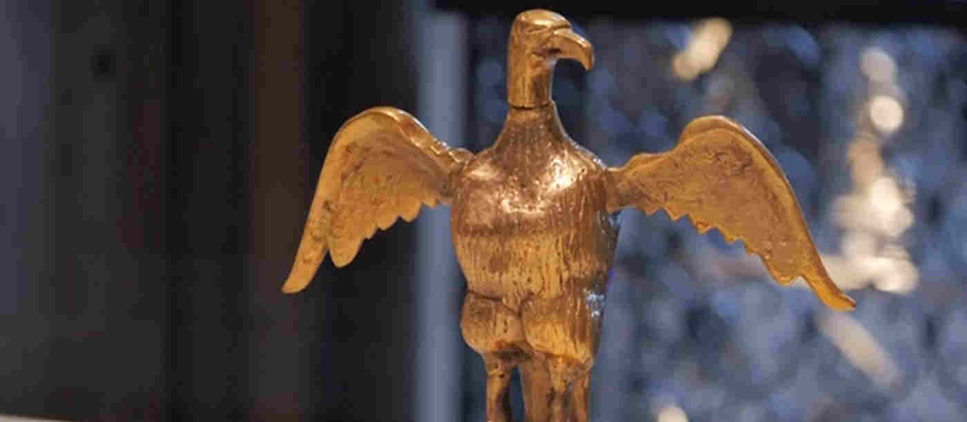 Photograph of replica ampulla, an eagle shaped container within the Queen's Diamond Jubilee Galleries at Westminster Abbey