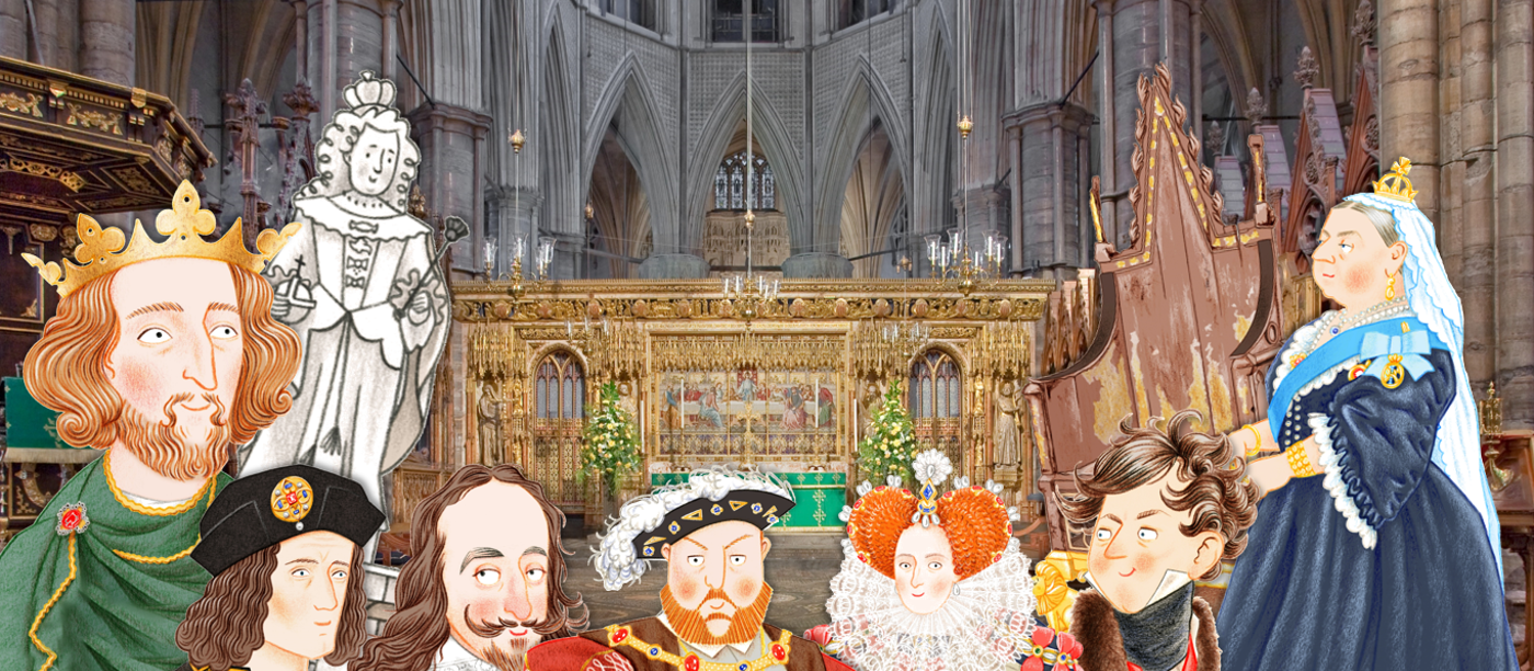 An illustration of cartoon monarchs, including Charles I, Queen Victoria, Queen Elizabeth I and Henry VIII. The High Altar of the Abbey can be seen in the background