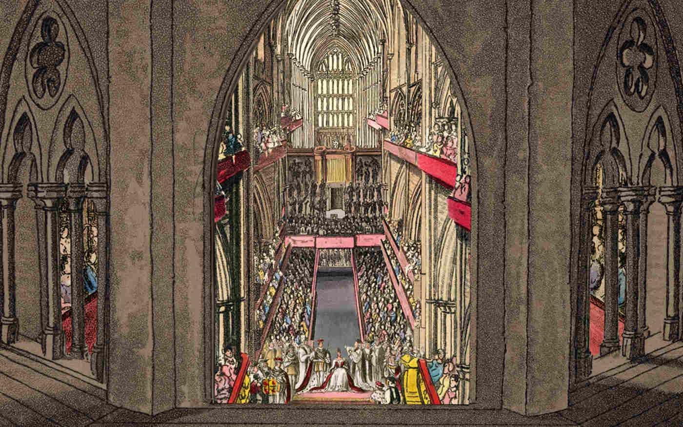 Illustration of a fictional coronation as if viewed from the Queen's Diamond Jubilee Galleries within Westminster Abbey.