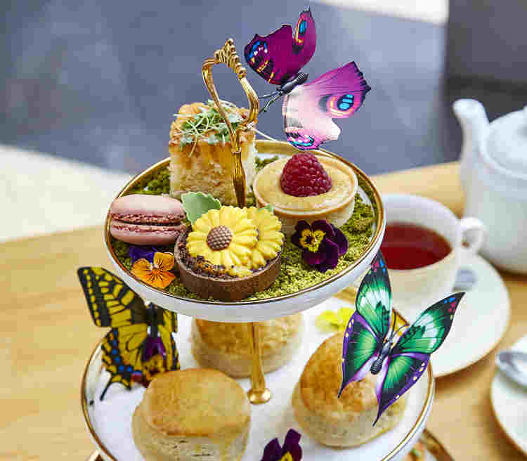 A tiered afternoon tea of scones, macarons and sandwiches