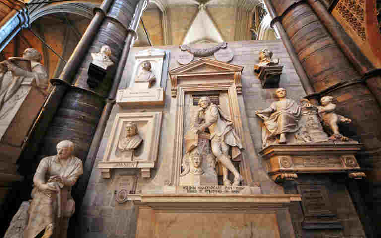 Statues and monuments in Poets' Corner, including William Shakespeare, Ben Jonson, John Keats, Percy Bysshe Shelley and Jane Austen
