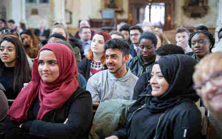 Photograph of secondary school students attending a talk at Westminster Abbey
