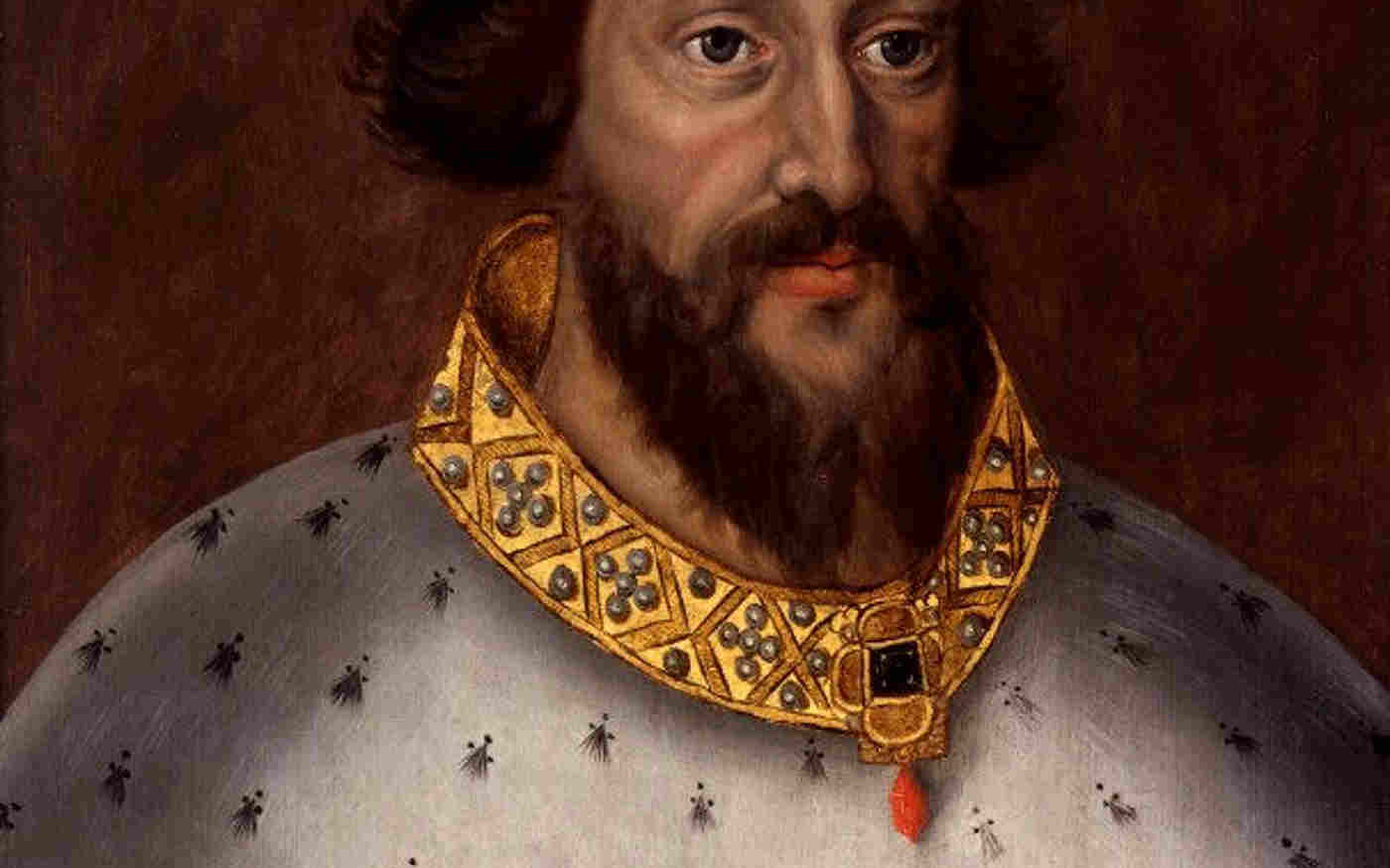 Painting of Henry I wearing a gold crown, gold collar and red cloak with white fur trim