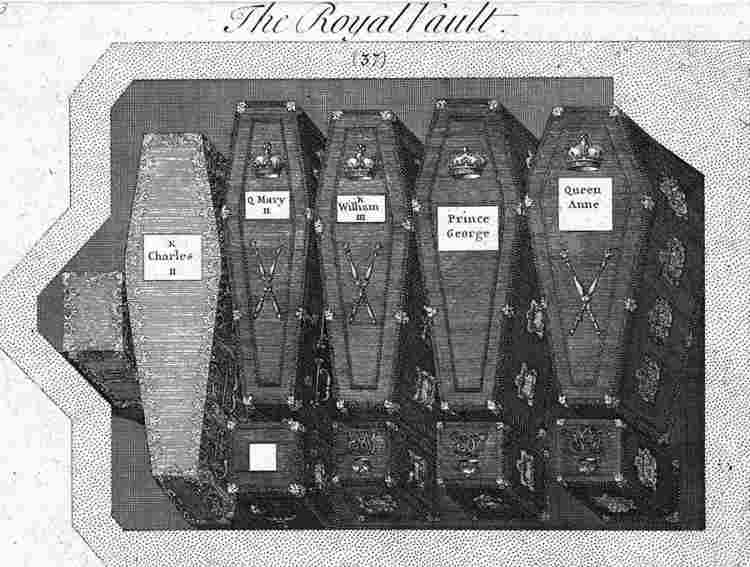 Drawing showing five Royal coffins in a vault: Charles II, Mary II, William III, Prince George, Queen Anne