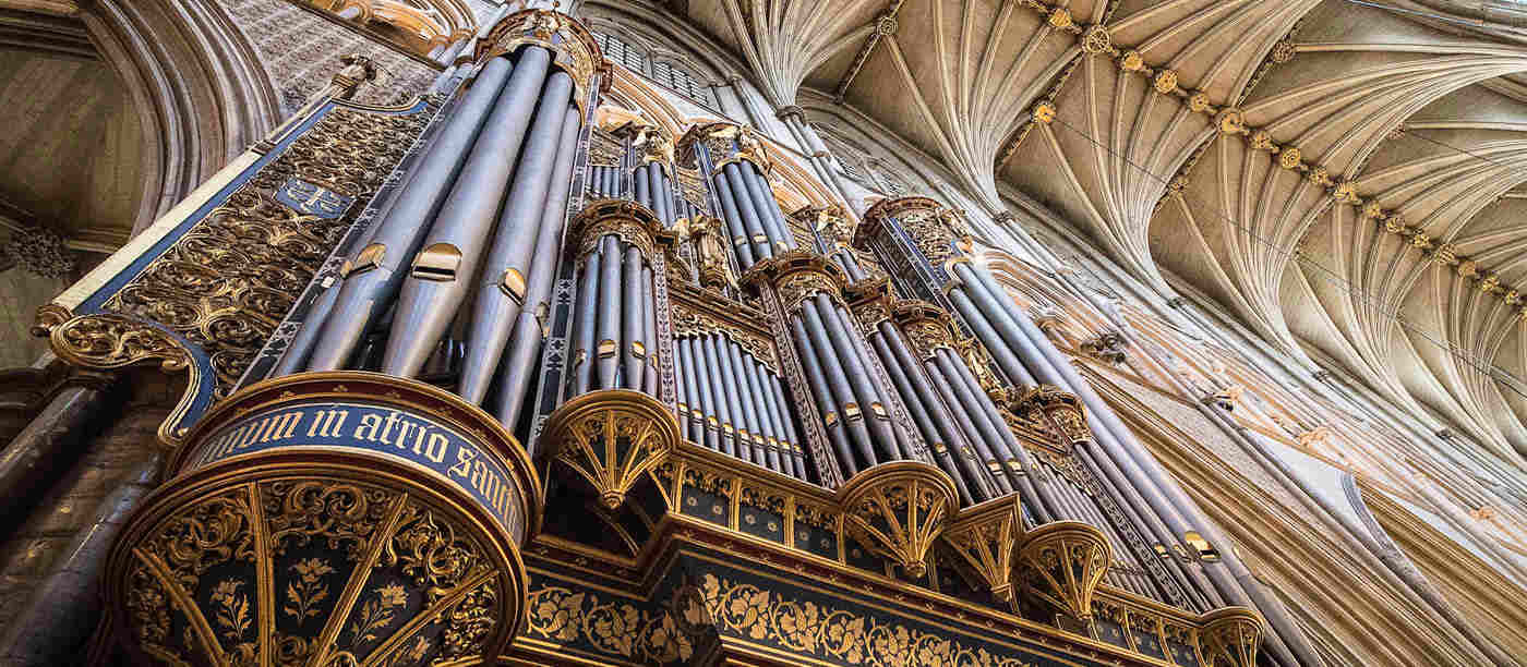 Photograph looking up at the organ in Westminster Abbey, representing music at coronations
