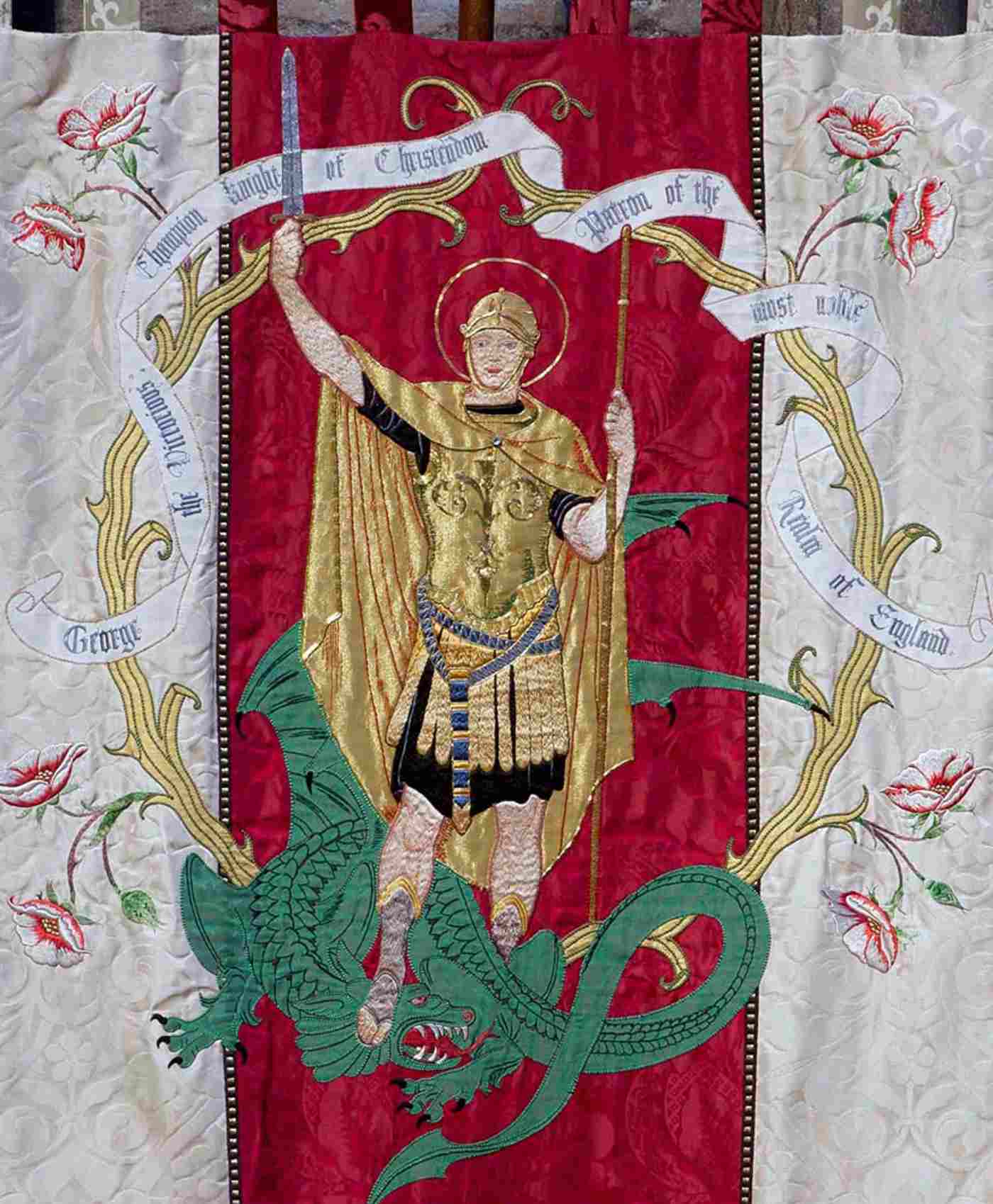 Banner of St George: St George dressed as an officer in the Roman army and trampling on a dragon