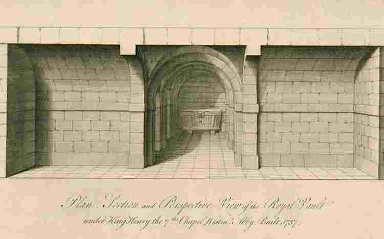 Drawing of a vault with the coffin of George II and Caroline in it