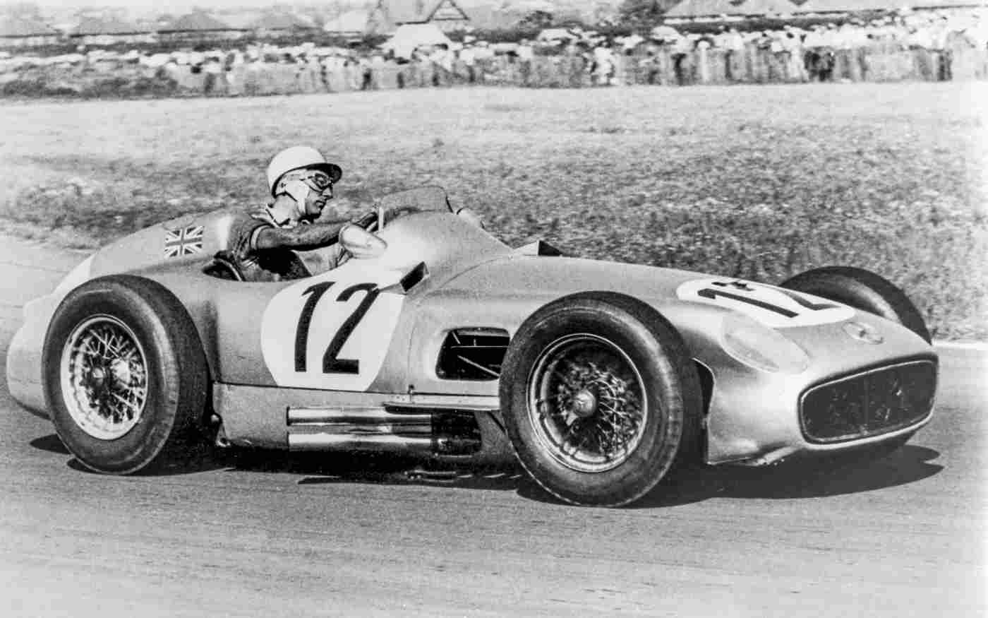 Sir Stirling Moss driving the Mercedes-Benz W196 at the Grand Prix on England, Aintree 1955
