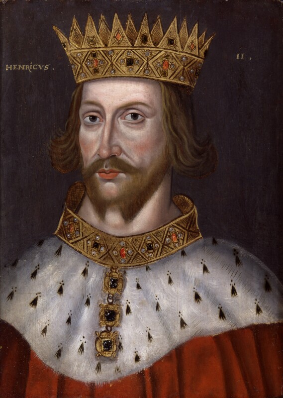 Portrait of Henry II wearing a gold crown and necklace with a red cloak with white fur collar