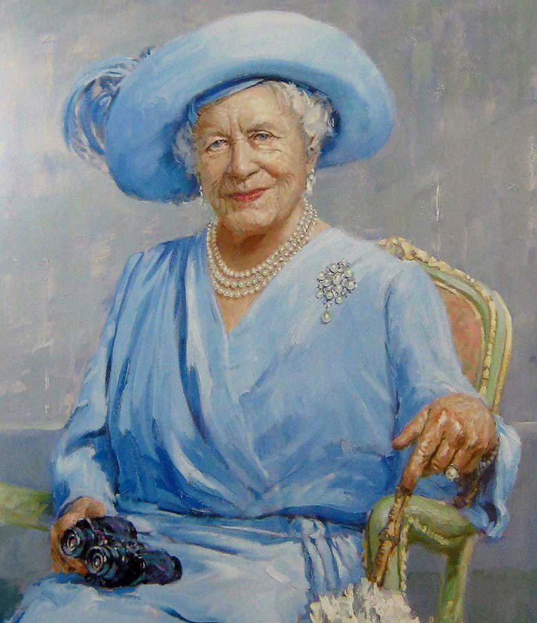 Oil study of Queen Elizabeth, the Queen Mother, wearing a blue dress and holding binoculars