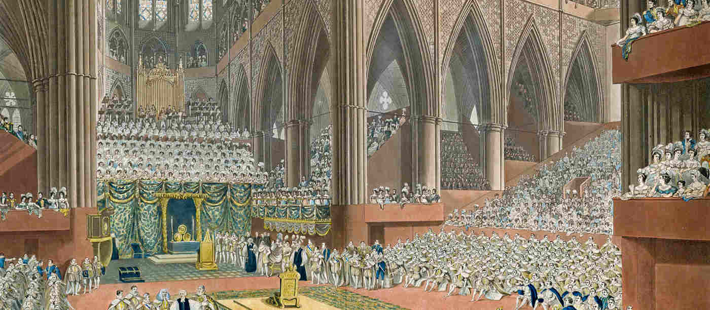 Colourful illustration of the Recognition at King George IV's coronation. The coronation chair is in the centre, surrounded by members of clergy and the congregation seated in large stands within Westminster Abbey.