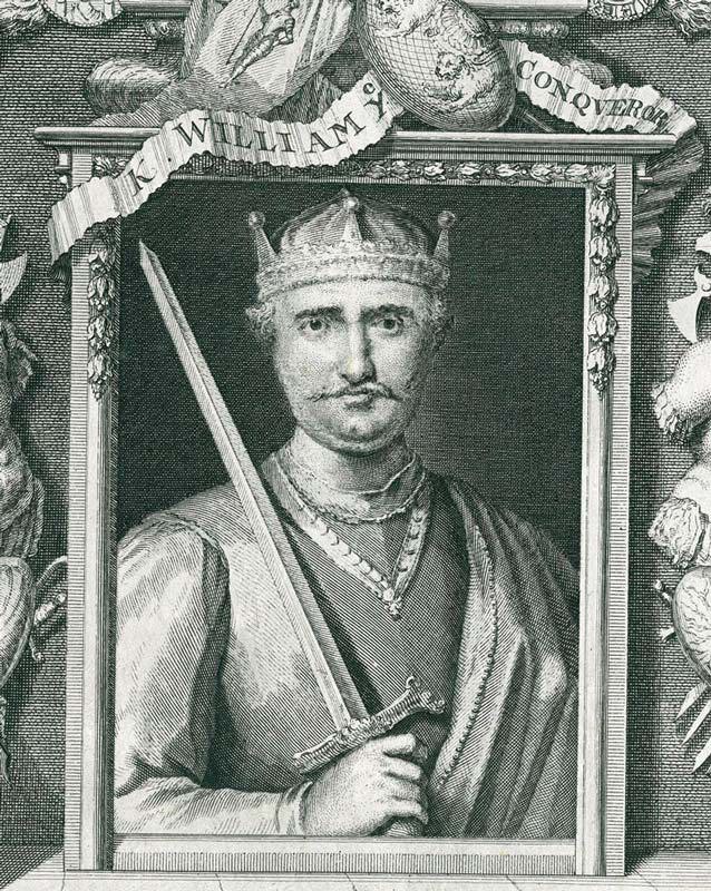 Black and white engraving of William I (The Conqueror) wearing a crown and holding a sword