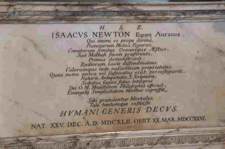 Lengthy inscription in Latin on Sir Isaac Newton's memorial