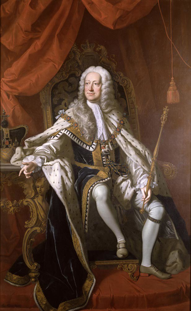 Painting of George II in imperial robes, sat on the throne, holding a sceptre