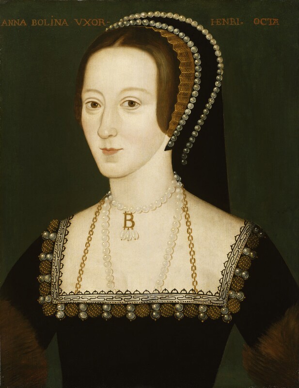 Painting of Anne Boleyn wearing a dark dress with elaborate pearl decorations