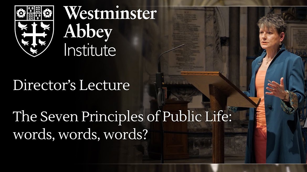 The Director of the Institute,. Claire Foster talking at a podium. Text: Director's Lecture: The Seven Principles of Public Life: words, words, words?