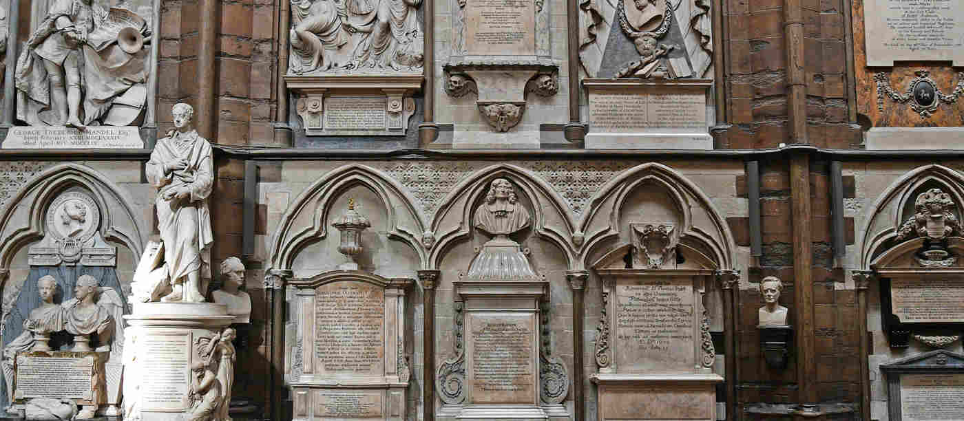 Photograph of one wall of Poets' Corner in Westminster Abbey