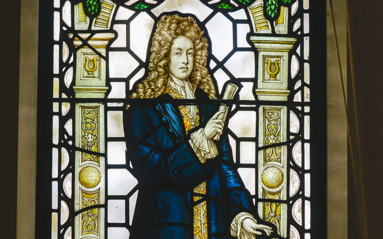Photograph of Purcell within a stained-glass window at Westminster Abbey