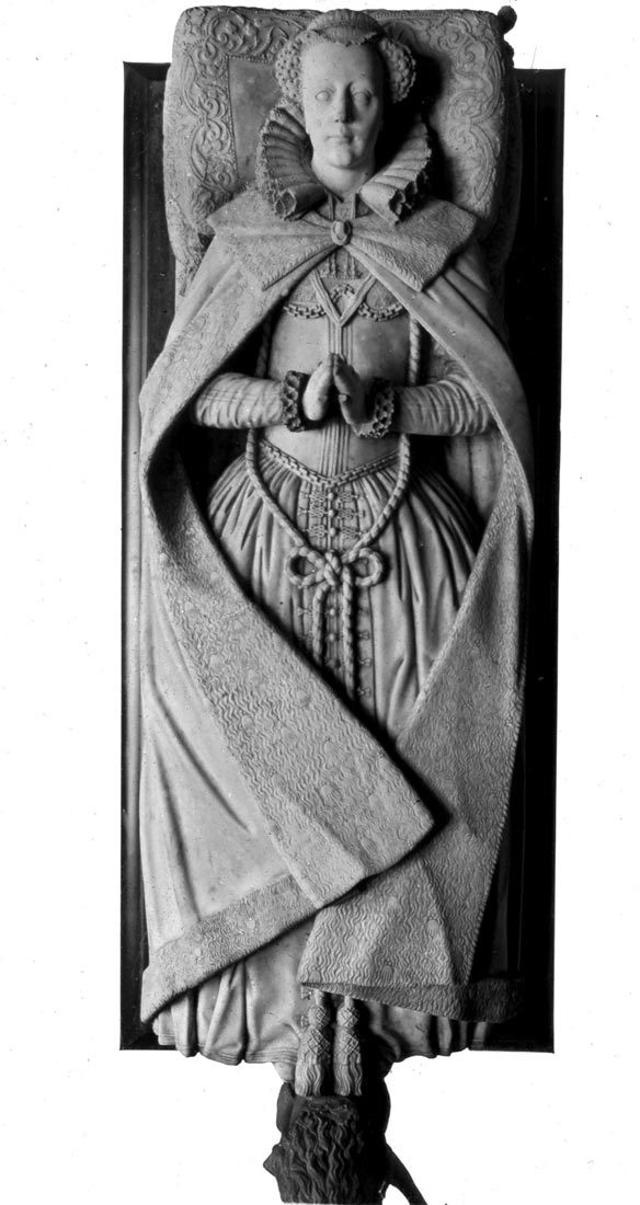 Tomb effigy of Mary Queen of Scots from above, detail of her dress, cloak and pillow