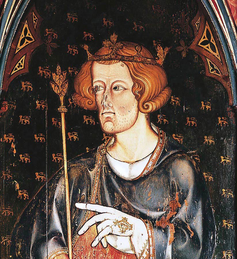 Painting which may be Edward I wearing robes and a crown, and holding a sceptre
