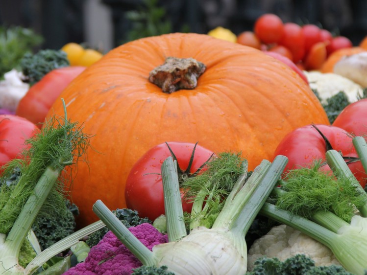 A display of harvest produce, including an orange pumpkin