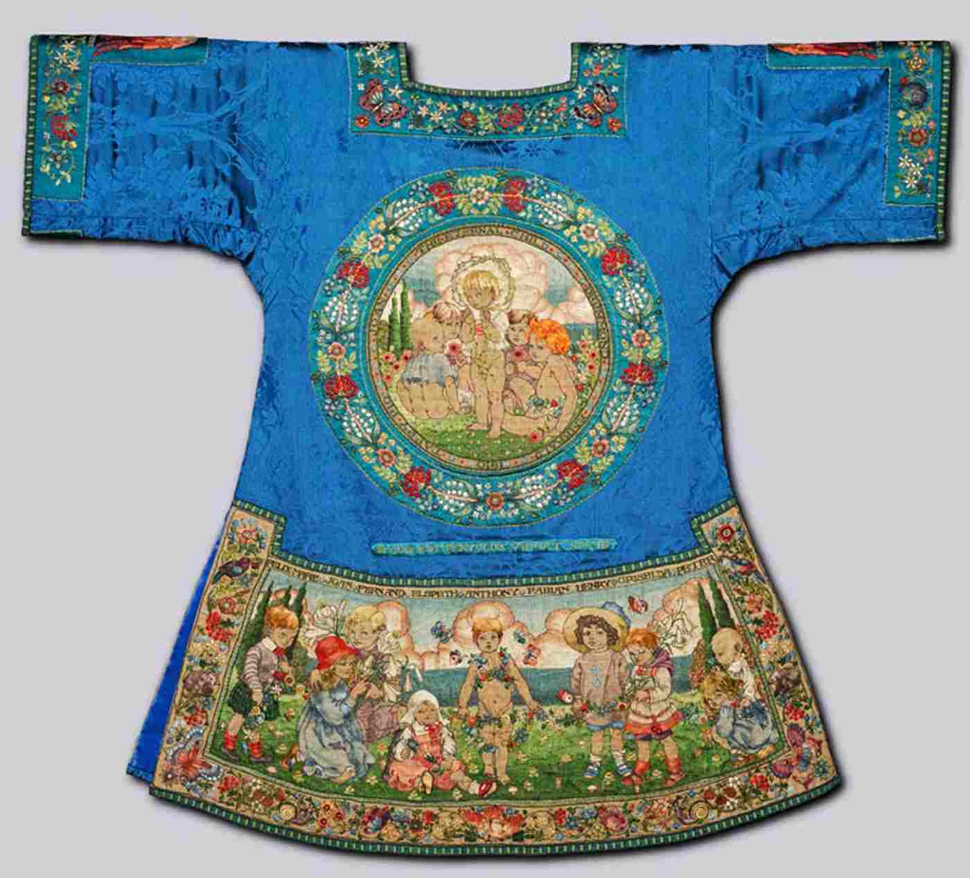 The blue, or Holy Innocents, tunicle: embroidery shows birds, flowers and butterflies with children