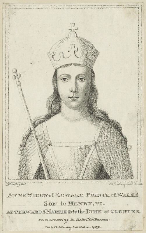 Engraving of Anne Neville, wife of Richard III, wearing a crown and holding a sceptre