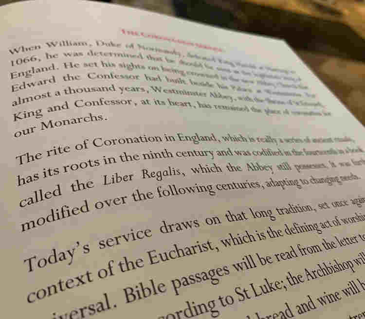 Close-up photograph showing the paragraph about the Liber Regalis which featured in the Order of Service for the coronation of HM King Charles III.