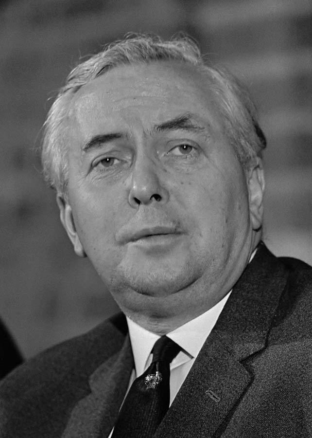 Black and white photo of Harold Wilson wearing a suit and tie