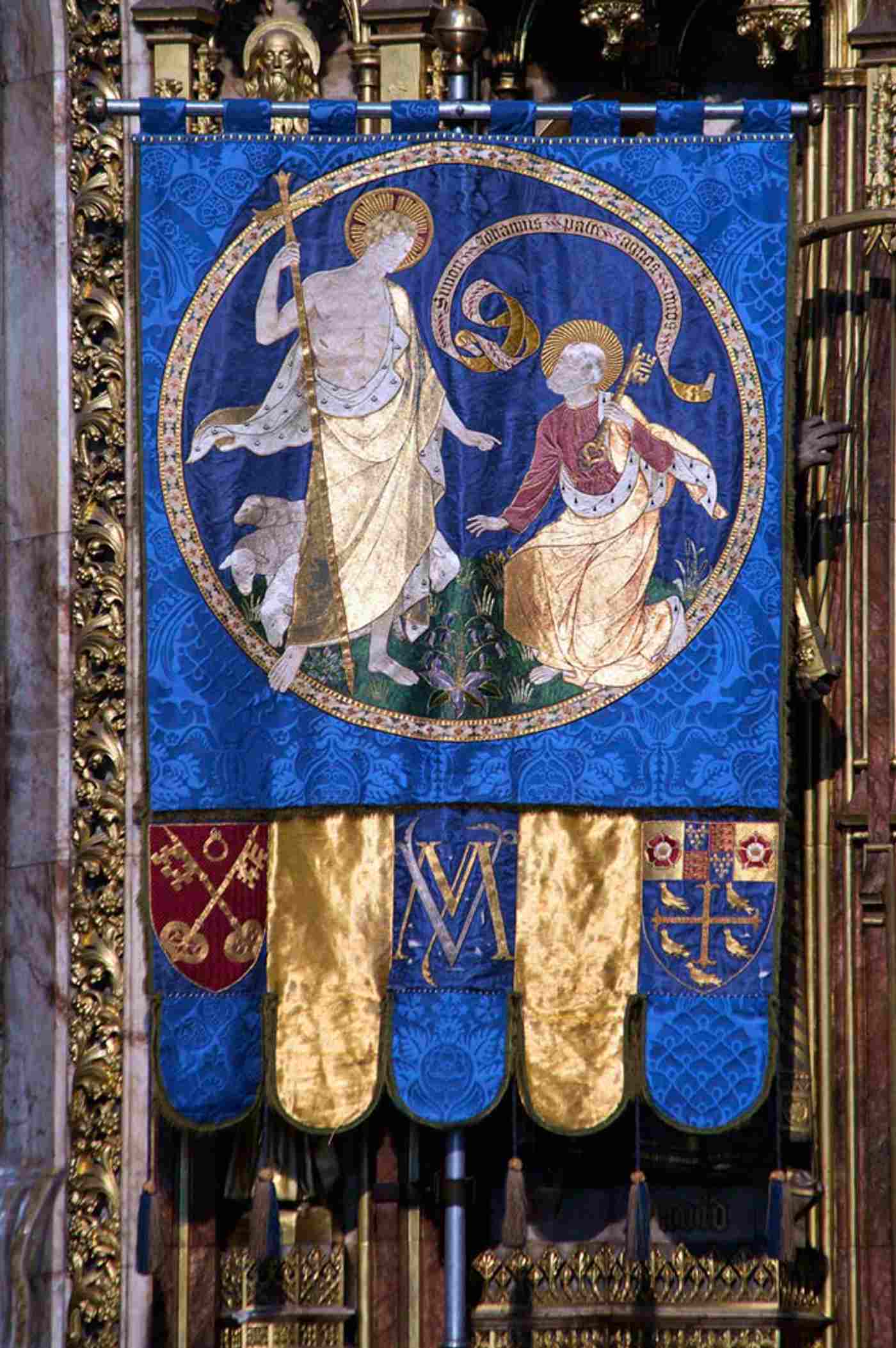 Banner of St Peter: Christ holding a cross, with sheep, St Peter kneeling for blessing in front