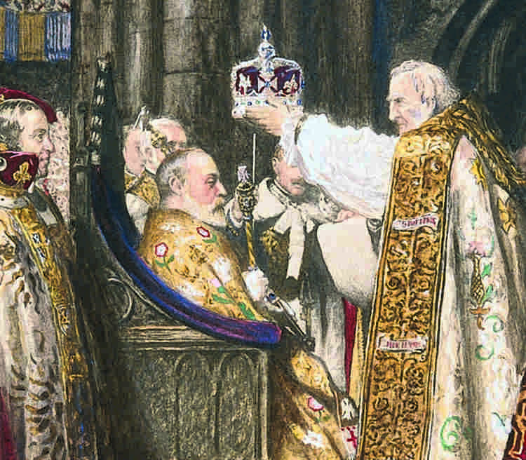 An illustration of Edward VII sitting on the Coronation Chair. The Archbishop of Canterbury is placing the crown upon his head.