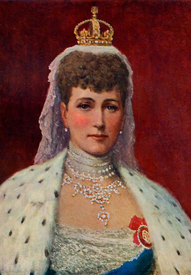 Queen Alexandra wearing a small crown, diamond necklace and white fur-trimmed cloak