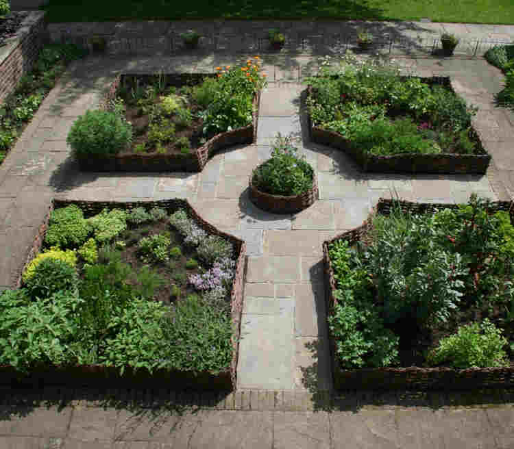 Photograph looking down on the herb garden in College Garden