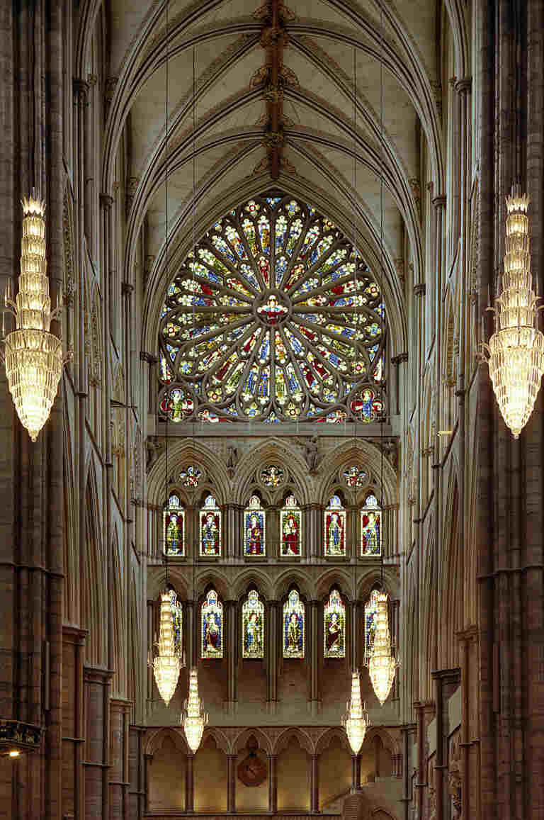 Rose window in Westminster Abbey, below which are smaller, rectangular windows