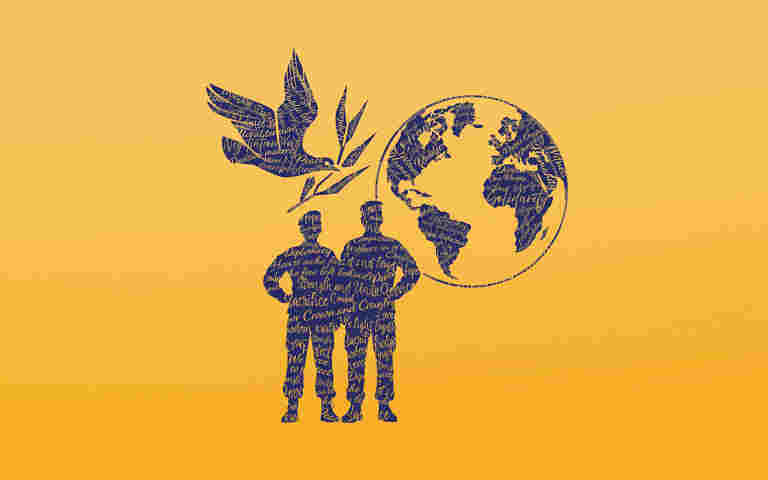 Illustrated logo of a dove, a globe and two soldiers for the Westminster Abbey Institute season called Remembering War, Rethinking the Tasks of Peace