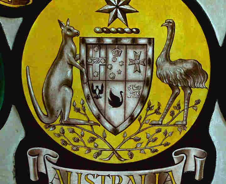 Photograph of Australian stained glass window featuring the kangaroo and the emu in Westminster Abbey