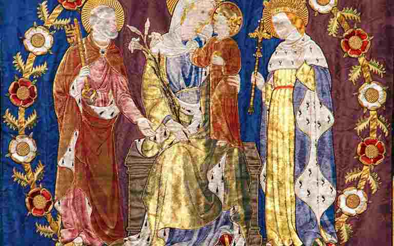 Banner of Our Lady: Virgin Mary, holding Christ Child, with St Peter and St Edward the Confessor