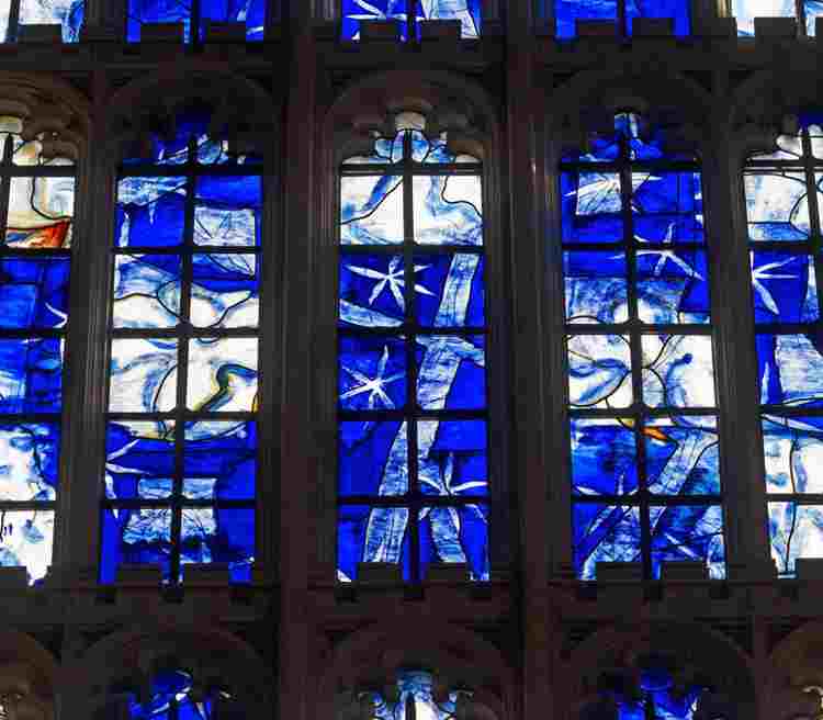 Stained glass windows depicting the Nativity designed by Alan Younger, Henry VII Chapel, Westminster Abbey